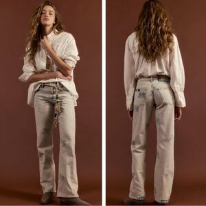 FREE PEOPLE Geranium Slouchy Straight Jeans W Belt NEW 31 Patchwork Fields Fog